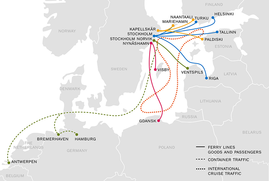 Map of route to and from the ports of Ports of Stockholm
